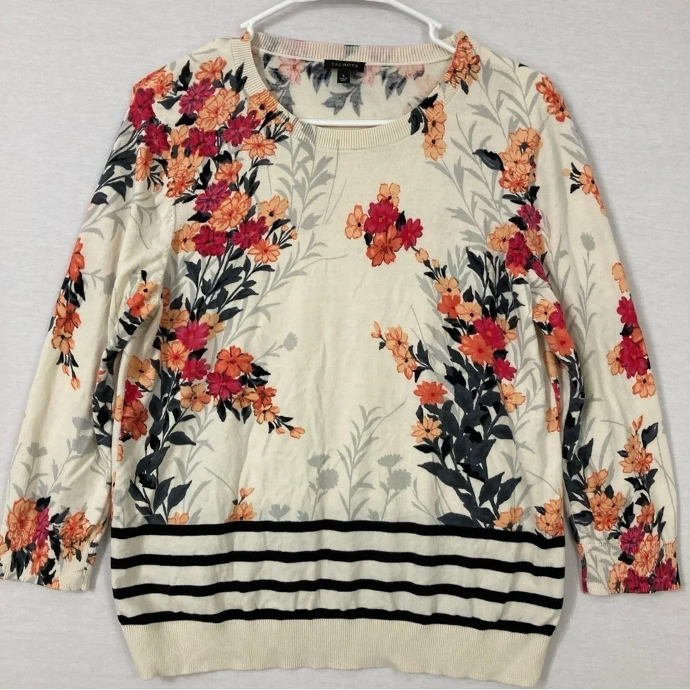 Talbots Floral Soft Lightweight Round Neck Stretch Knit Top Large - Picture 2 of 11